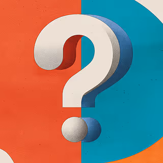 A large white question mark centered on a split red-and-teal background with soft texture.