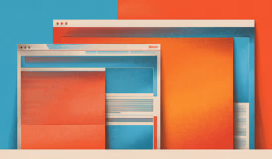 Three overlapping web browser window mockups in teal, red, and orange on a cream background.