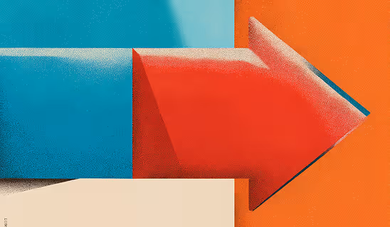 A red arrow layered over geometric teal and orange shapes, pointing toward the right.