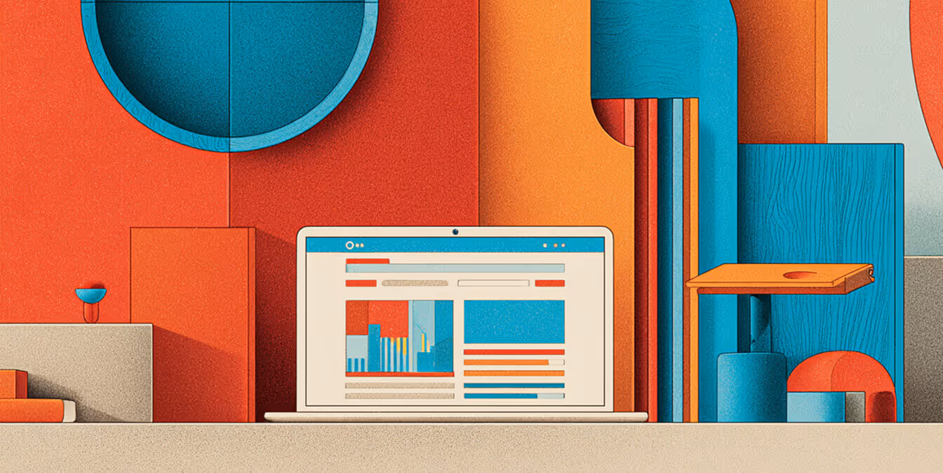 A laptop on a desk surrounded by sculptural geometric décor in red, teal, and orange, with an abstract website interface displayed on the screen.