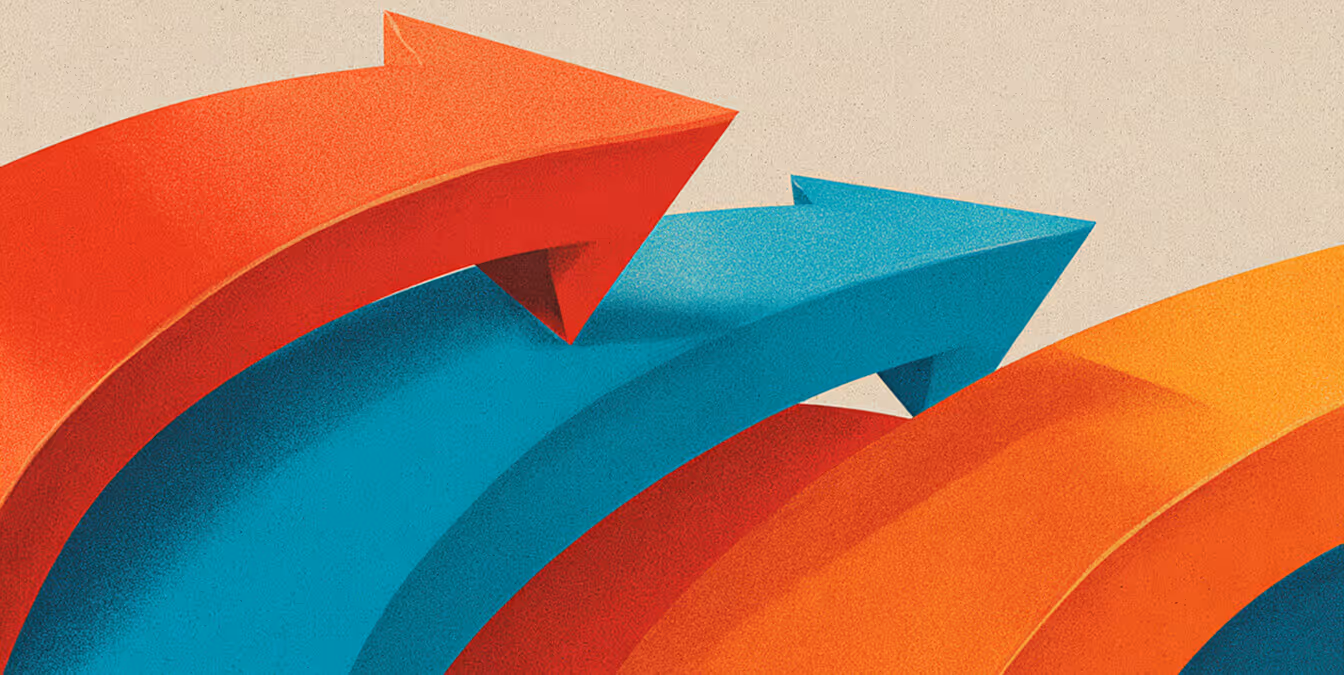 Three large 3D arrows in red, teal, and orange angled upward, symbolizing growth and forward movement.
