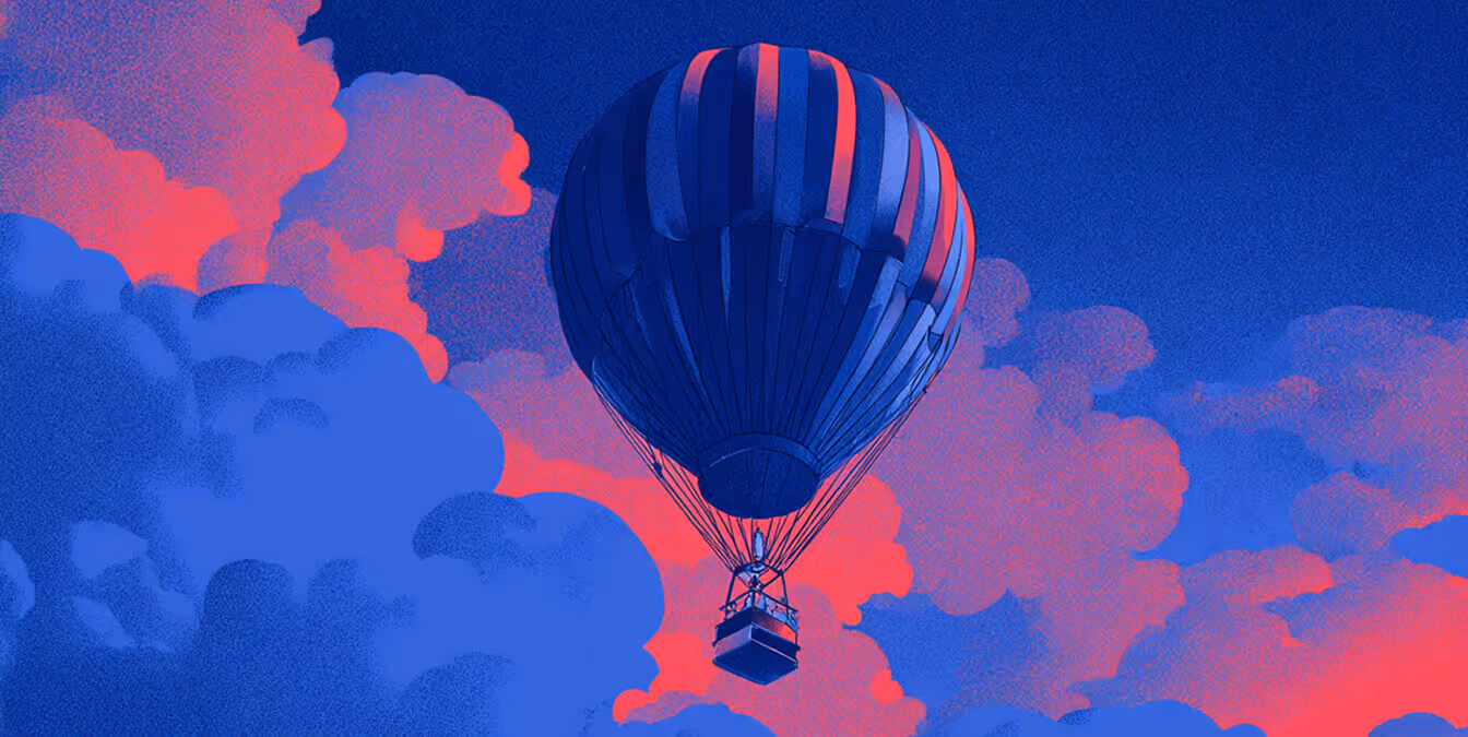 Illustration of a hot air balloon floating through dramatic blue and red clouds at sunset.