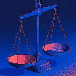 Vintage balance scale with uneven red and blue plates illuminated in contrasting light.
