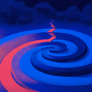 Illustration of a glowing red path winding upward through a blue spiral landscape toward a dark sky.