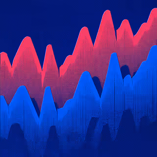 Stylized chart with jagged red and blue peaks representing fluctuating performance data.
