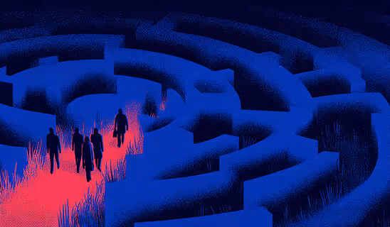 Silhouettes of people walking through a large circular maze lit by red and blue light.