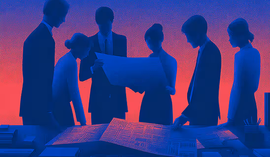 Group of six silhouetted business professionals reviewing large documents over a table.