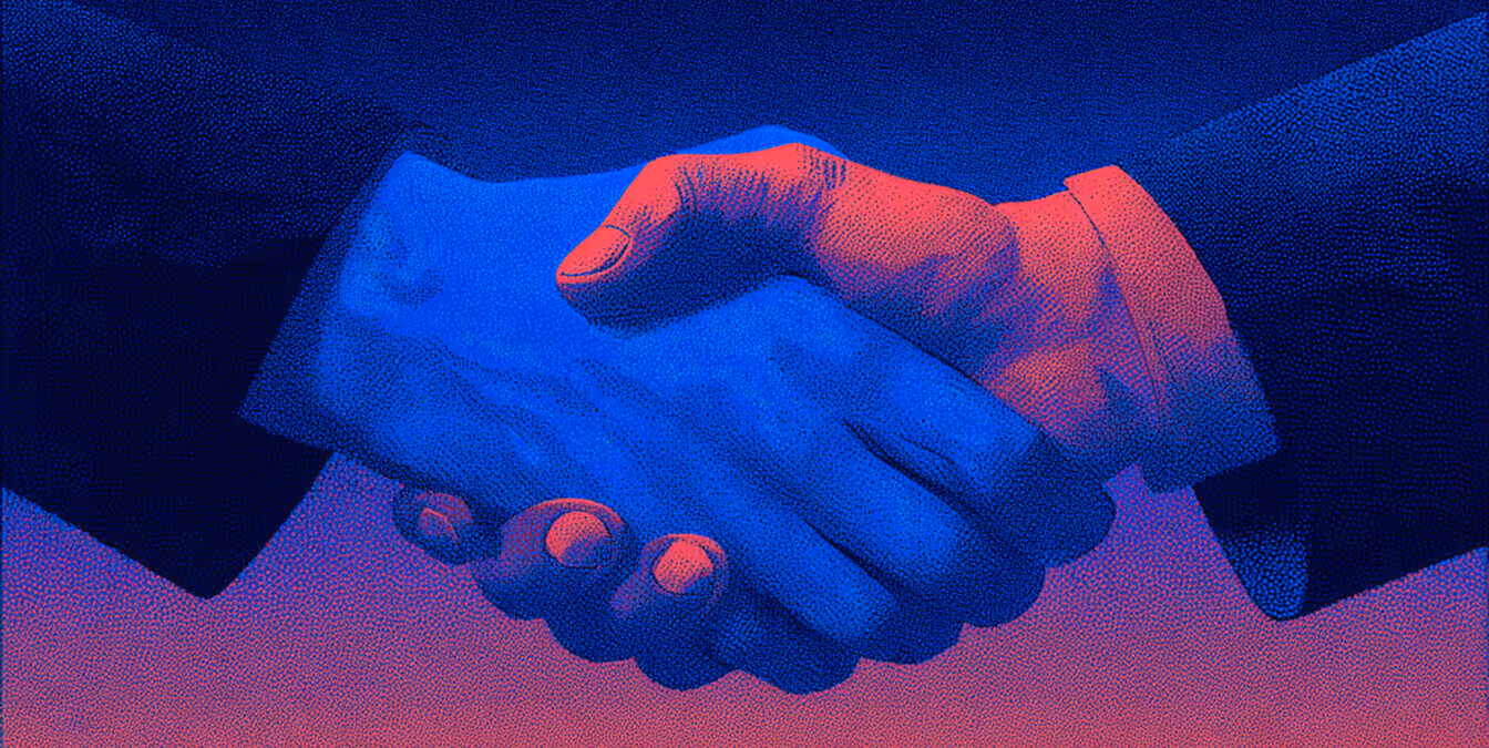 Close-up illustration of two hands shaking, shaded in red and blue tones.