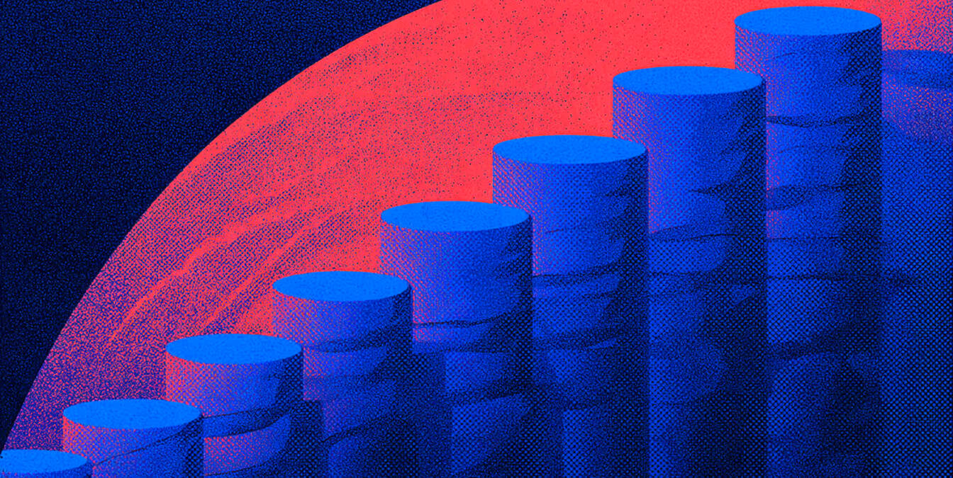 Stacked blue cylindrical columns rising in height against a red and blue textured background.