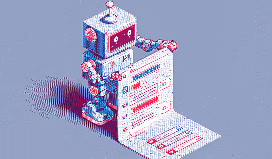 A robotic figure holding a long checklist-style document.