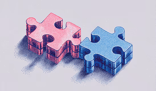 Two interlocking puzzle pieces, one red and one blue, illustrated in a halftone style.