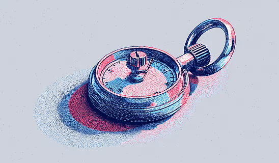 A halftone illustration of a stopwatch lying on a surface.