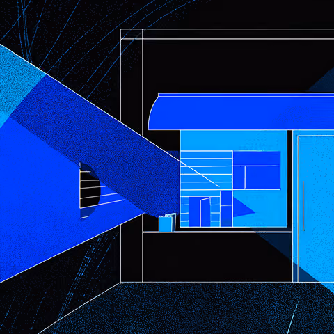 Abstract storefront scene with strong blue light casting angular shadows across a geometric interior.
