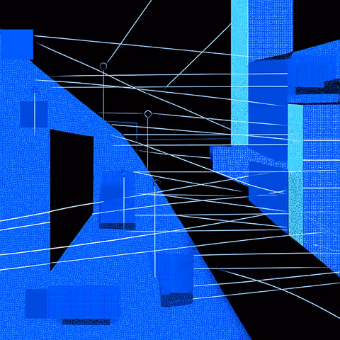 Blue and black abstract cityscape with intersecting white lines representing data connections across geometric buildings.