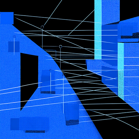 Blue and black abstract cityscape with intersecting white lines representing data connections across geometric buildings.