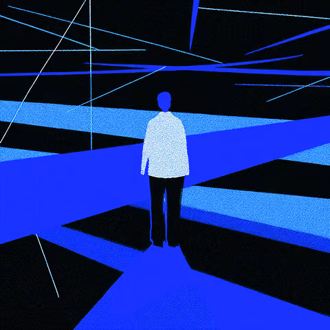 Silhouette of a person standing in a blue and black digital environment with sharp intersecting lines and gradients.