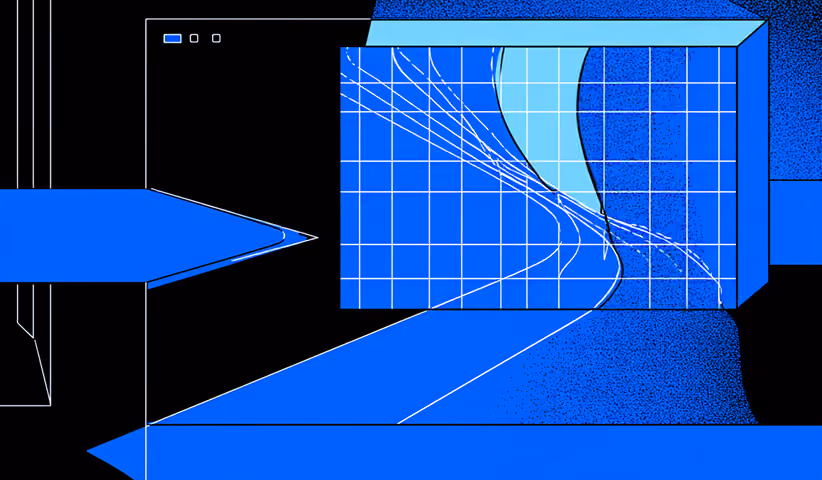 Blue abstract interface panel with grid lines and curved pathways resembling UI design or data flow.