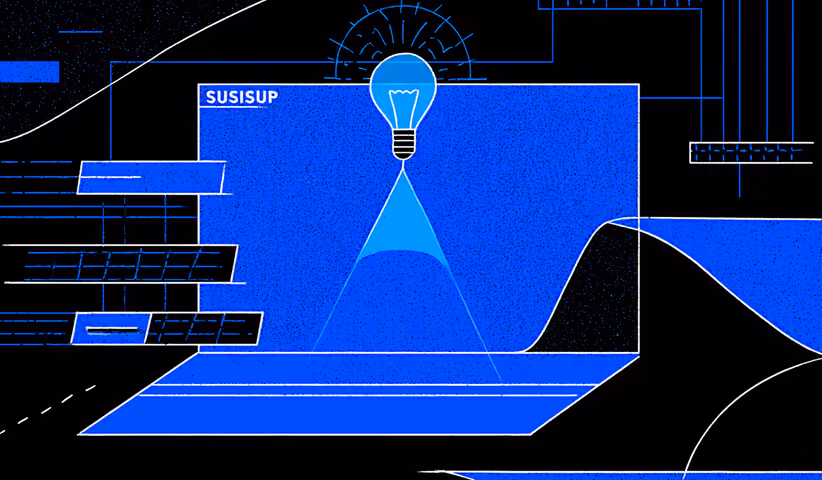 Illustration of a glowing lightbulb above a blue screen with abstract technical lines and UI elements.