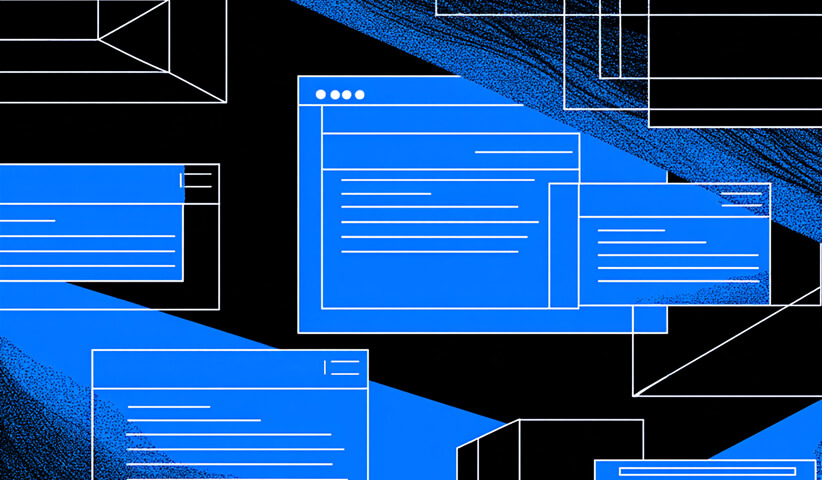 Overlapping blue browser window outlines on a black background, symbolizing layered digital interfaces.