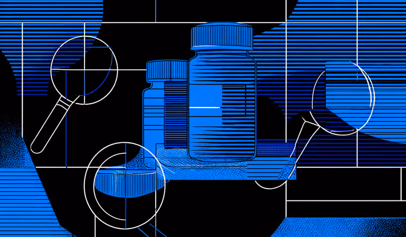 Abstract illustration of magnifying glasses and medicine bottles arranged over blue and black geometric shapes.