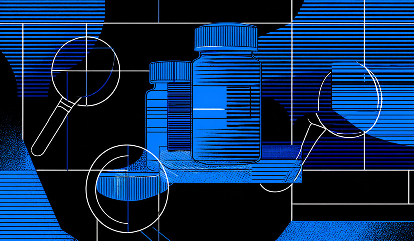 Abstract illustration of magnifying glasses and medicine bottles arranged over blue and black geometric shapes.