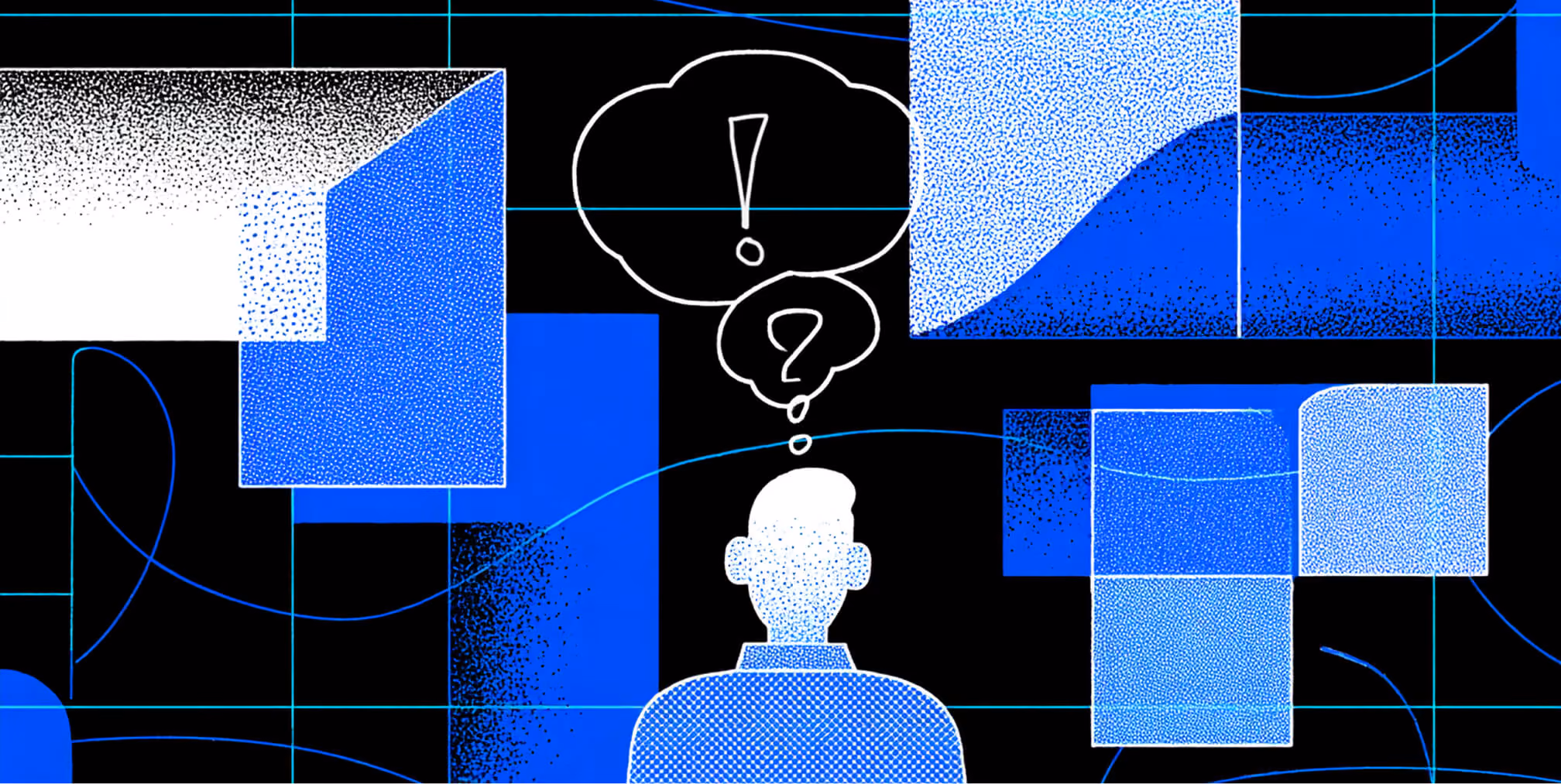 Silhouette of a person with a thought bubble containing an exclamation and question mark amid blue geometric shapes.