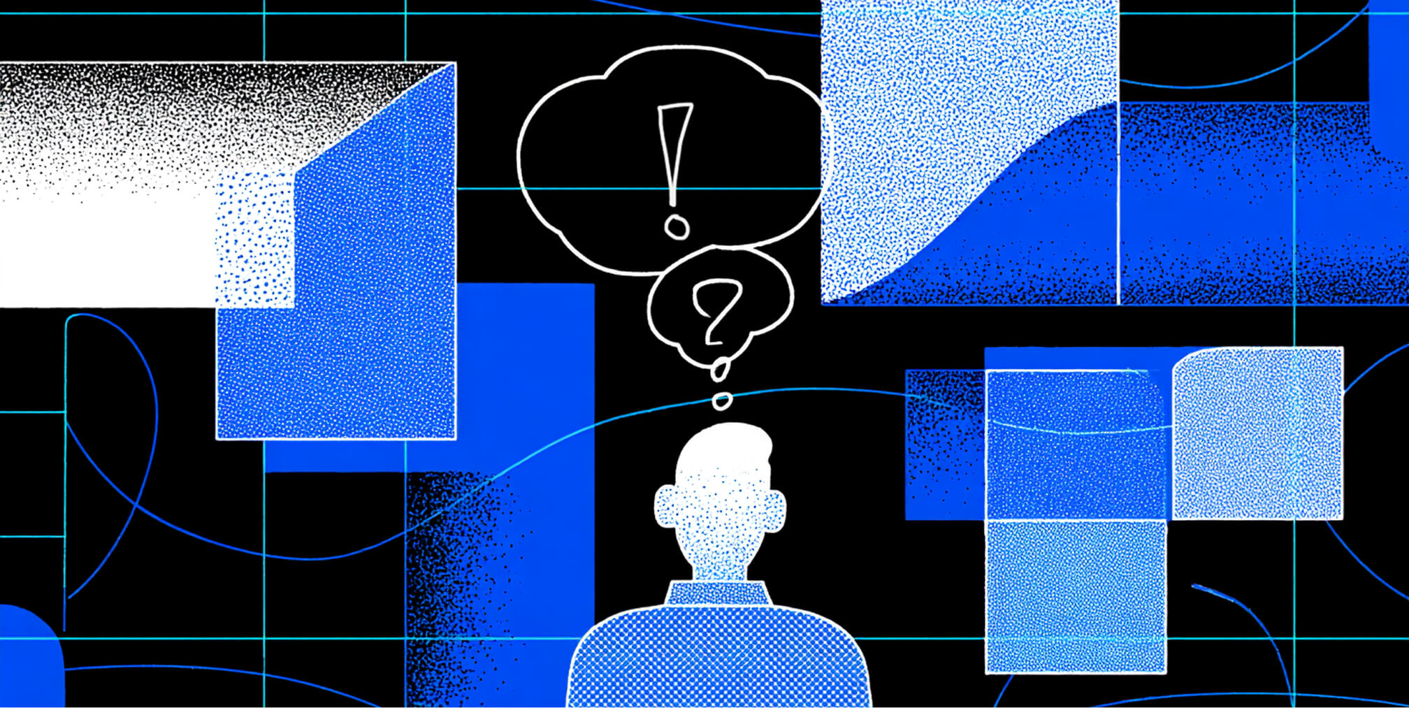 Silhouette of a person with a thought bubble containing an exclamation and question mark amid blue geometric shapes.