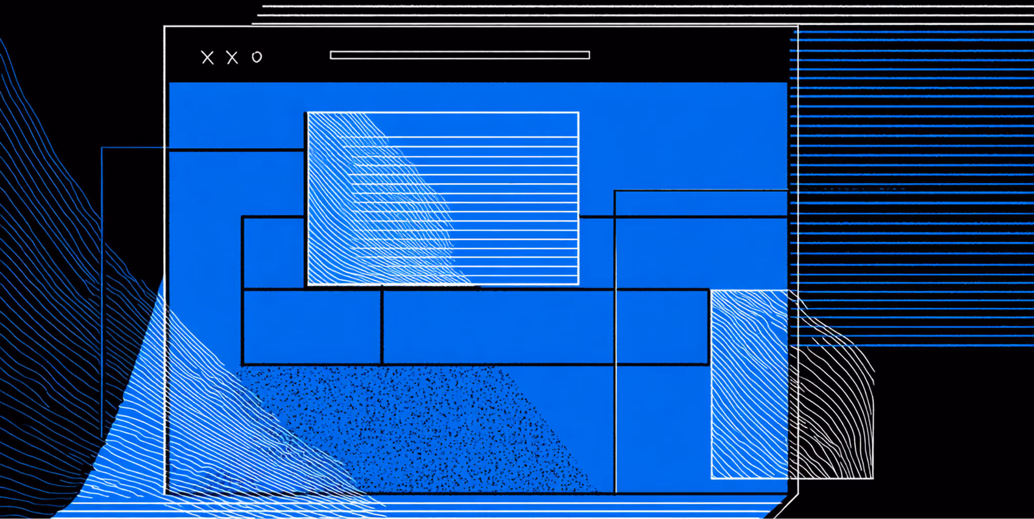 Abstract blue website wireframe composed of stacked rectangular panels and flowing contour lines on a black background.