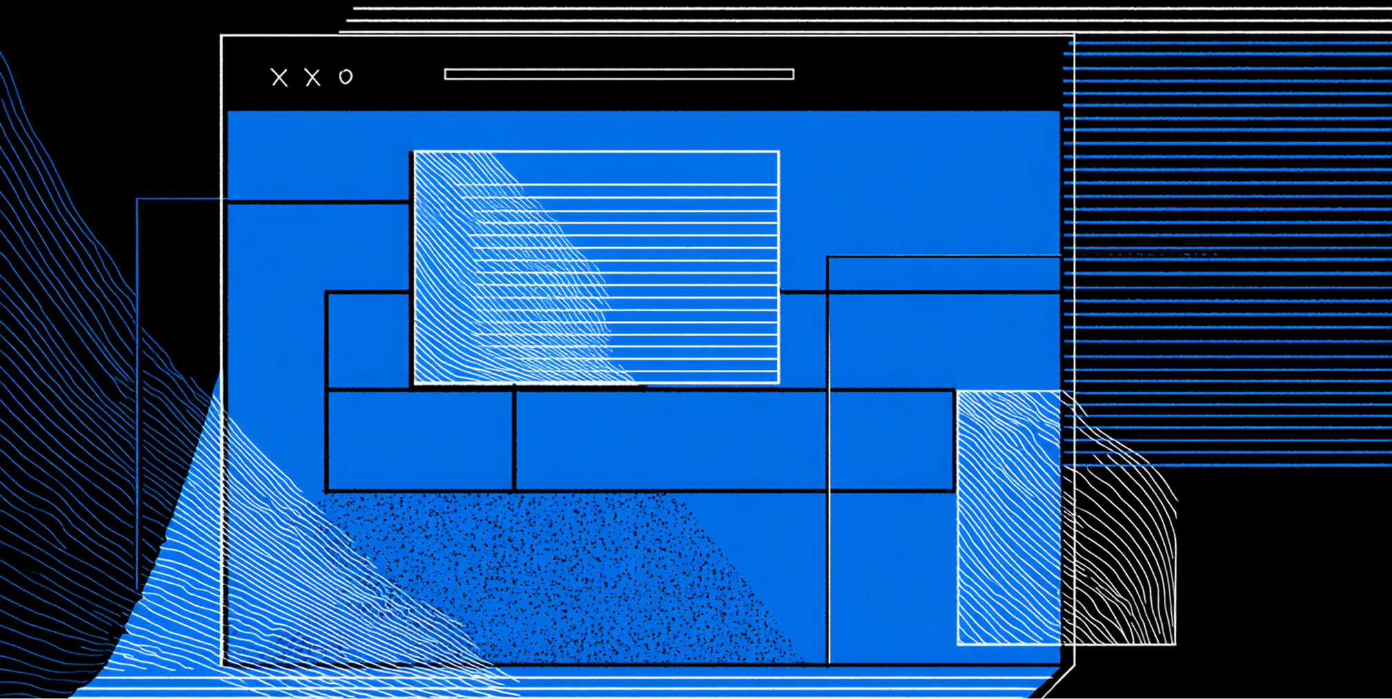 Abstract blue website wireframe composed of stacked rectangular panels and flowing contour lines on a black background.