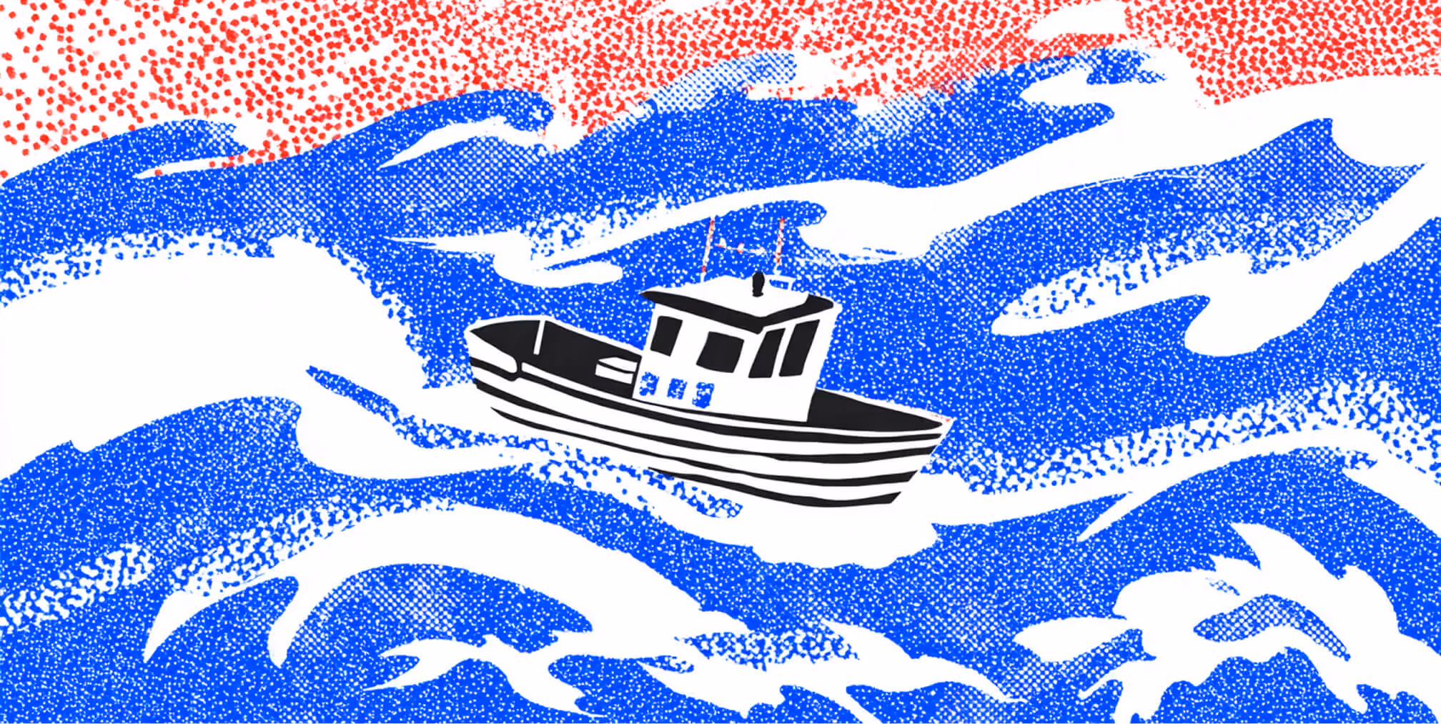 Illustration of a small black-and-white boat floating on stylized blue and red dotted waves against a white background.