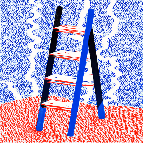 Illustration of a four-step ladder with blue and black legs standing on a red dotted ground with blue dotted sky behind it.