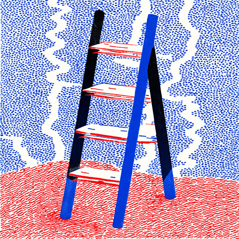 Illustration of a four-step ladder with blue and black legs standing on a red dotted ground with blue dotted sky behind it.