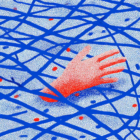 Illustration of a red hand reaching upward through a dense web of blue crisscrossing lines on a dotted background.