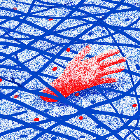 Illustration of a red hand reaching upward through a dense web of blue crisscrossing lines on a dotted background.