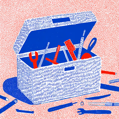 Illustration of an open toolbox filled with red and blue tools, set against a background of dense red dots.