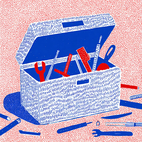 Illustration of an open toolbox filled with red and blue tools, set against a background of dense red dots.