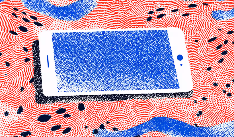 Illustration of a white smartphone lying on a red textured surface with blue and black dotted patterns filling the screen.