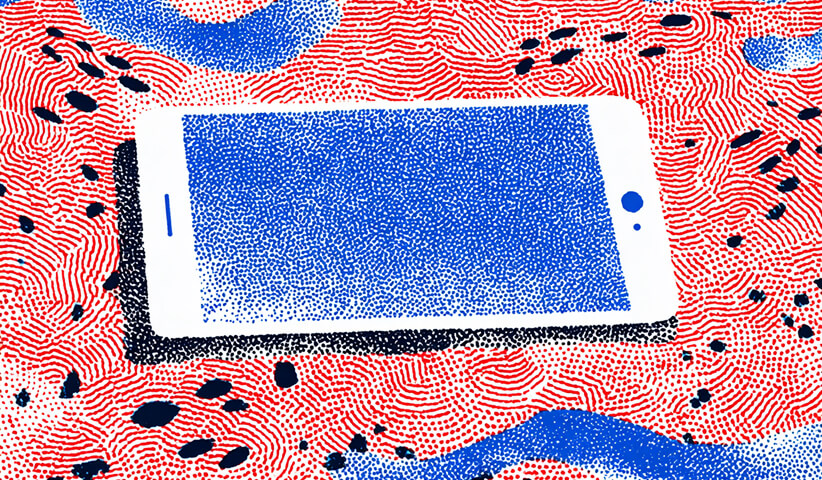 Illustration of a white smartphone lying on a red textured surface with blue and black dotted patterns filling the screen.