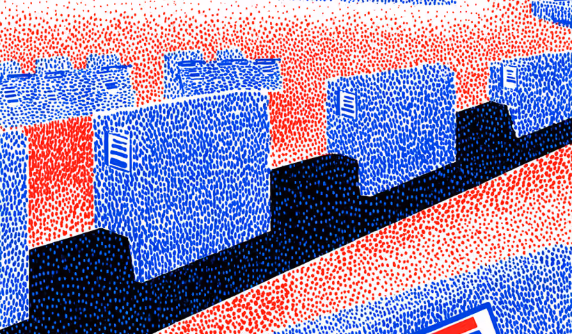 Illustration of blue and red dotted shipping boxes arranged in rows along a dark pathway.