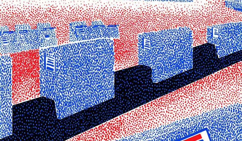 Illustration of blue and red dotted shipping boxes arranged in rows along a dark pathway.