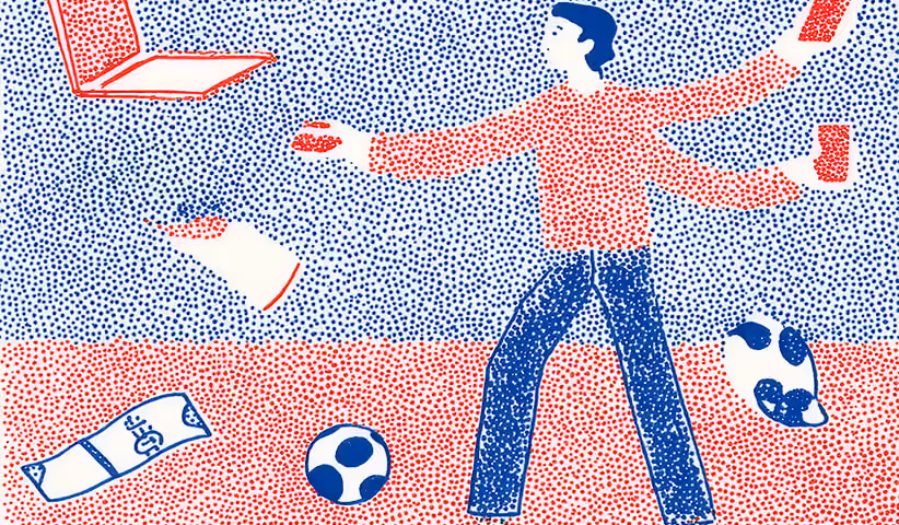 Illustration of a person with multiple arms juggling objects such as a cup, phone, laptop, and sports balls, created with red and blue dotted textures.