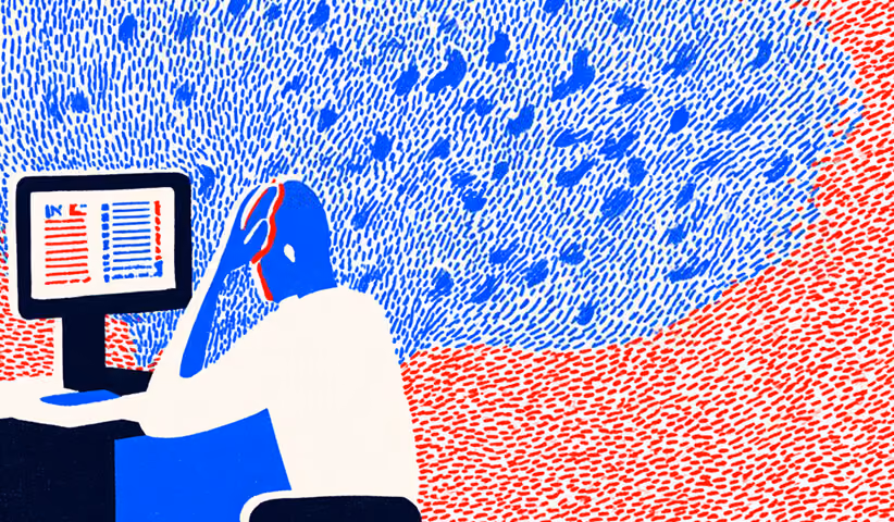 Illustration of a person sitting at a desk with their head in their hand, facing a computer screen as a dense cloud of blue dashed marks surrounds them.