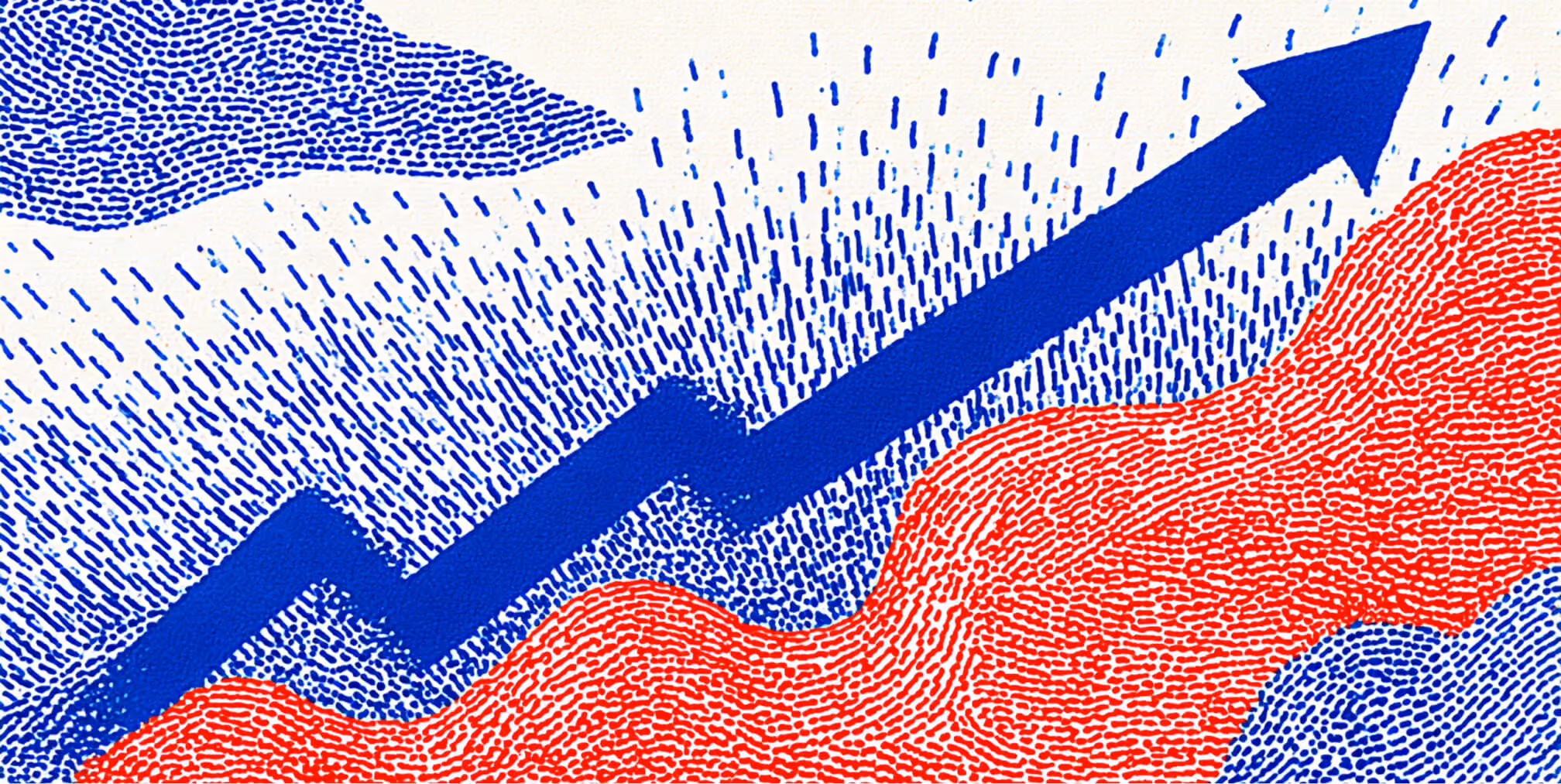 Illustration of a bold blue upward-pointing arrow over a background of red and blue dotted hills.