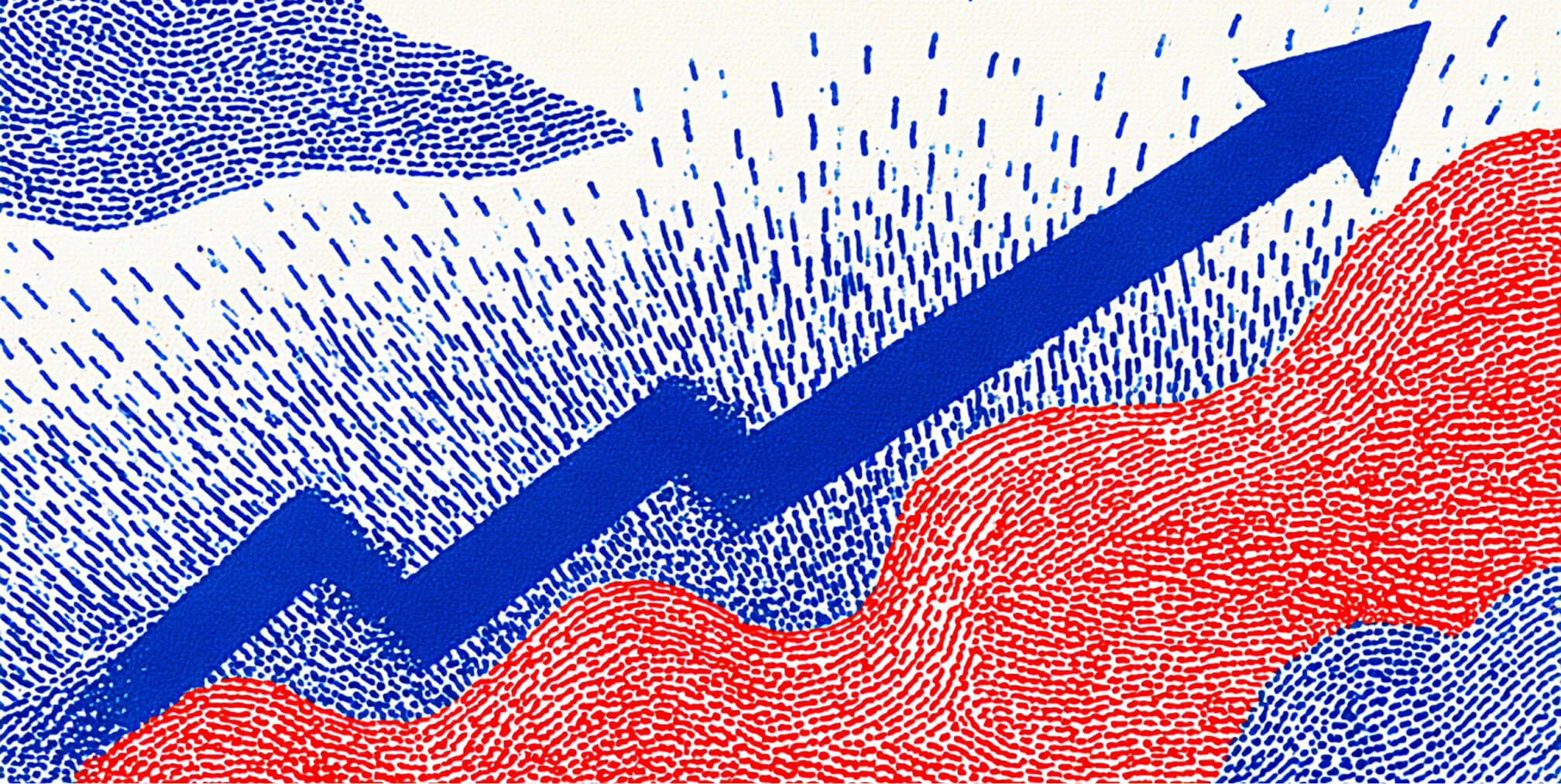 Illustration of a bold blue upward-pointing arrow over a background of red and blue dotted hills.