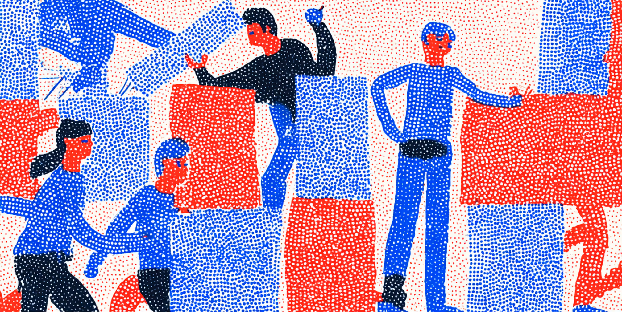 Illustration of several people stacking and arranging large red and blue dotted blocks, depicted in a collaborative scene.