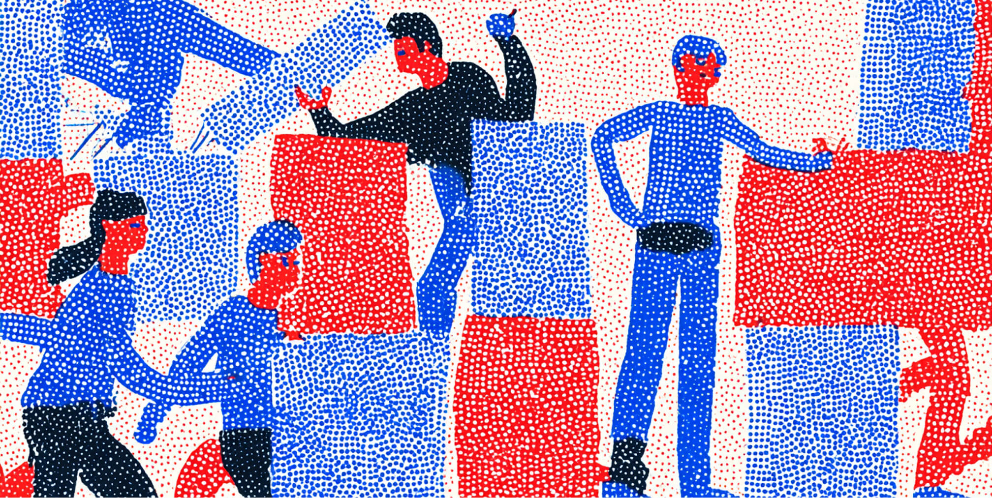 Illustration of several people stacking and arranging large red and blue dotted blocks, depicted in a collaborative scene.