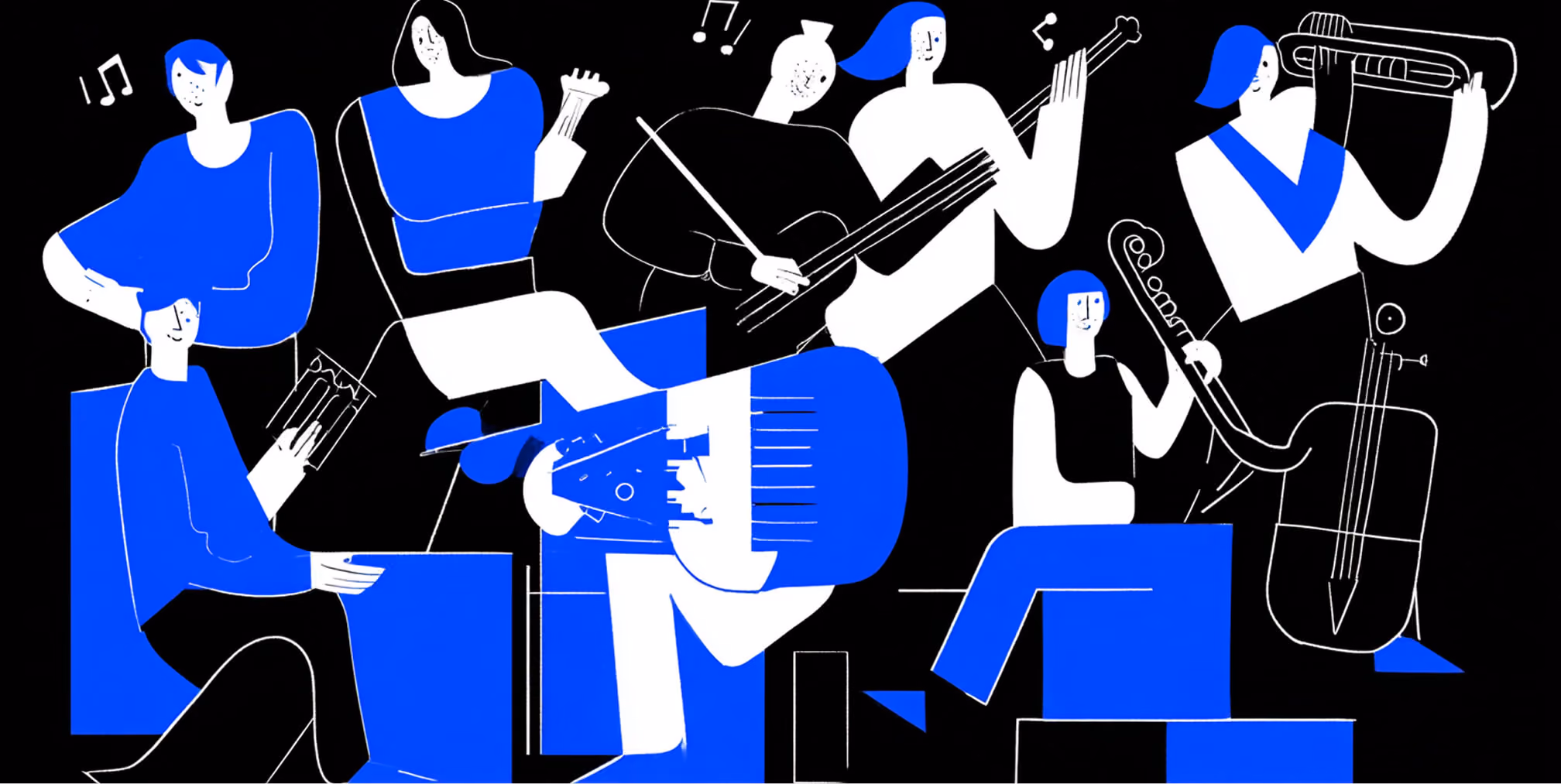 Illustration of a stylized orchestra of abstract figures playing musical instruments in bold blue, white, and black tones, symbolizing harmony and collaboration.