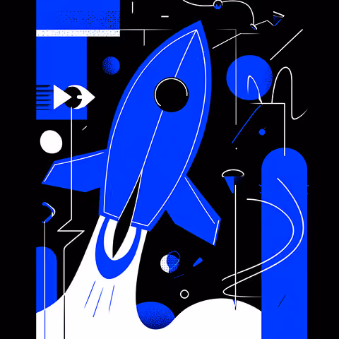 Abstract blue rocket launching upward against a black background with geometric shapes, representing innovation, growth, and momentum.