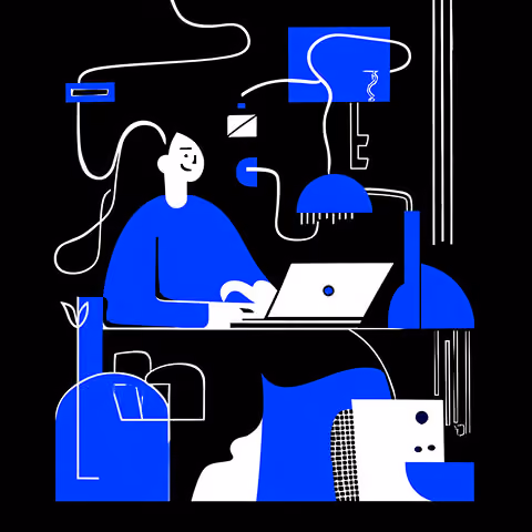 Minimalist illustration of a person working at a laptop surrounded by cables and abstract blue-and-white shapes, symbolizing productivity and digital workflow.