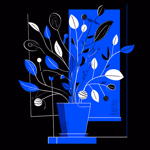 Blue and white abstract potted plant illustration with geometric patterns, representing creativity, growth, and nurturing ideas.